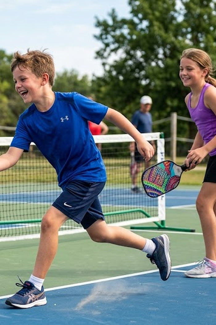 Young boy and girl playing pickleball at an ASC pickleball camp in Melbourne
