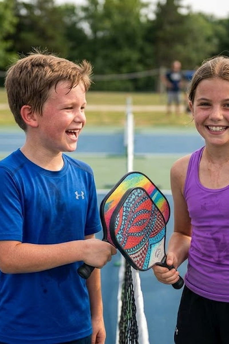 Young boy and girl greeting each other after a pickleball match at Australian Sports Camps